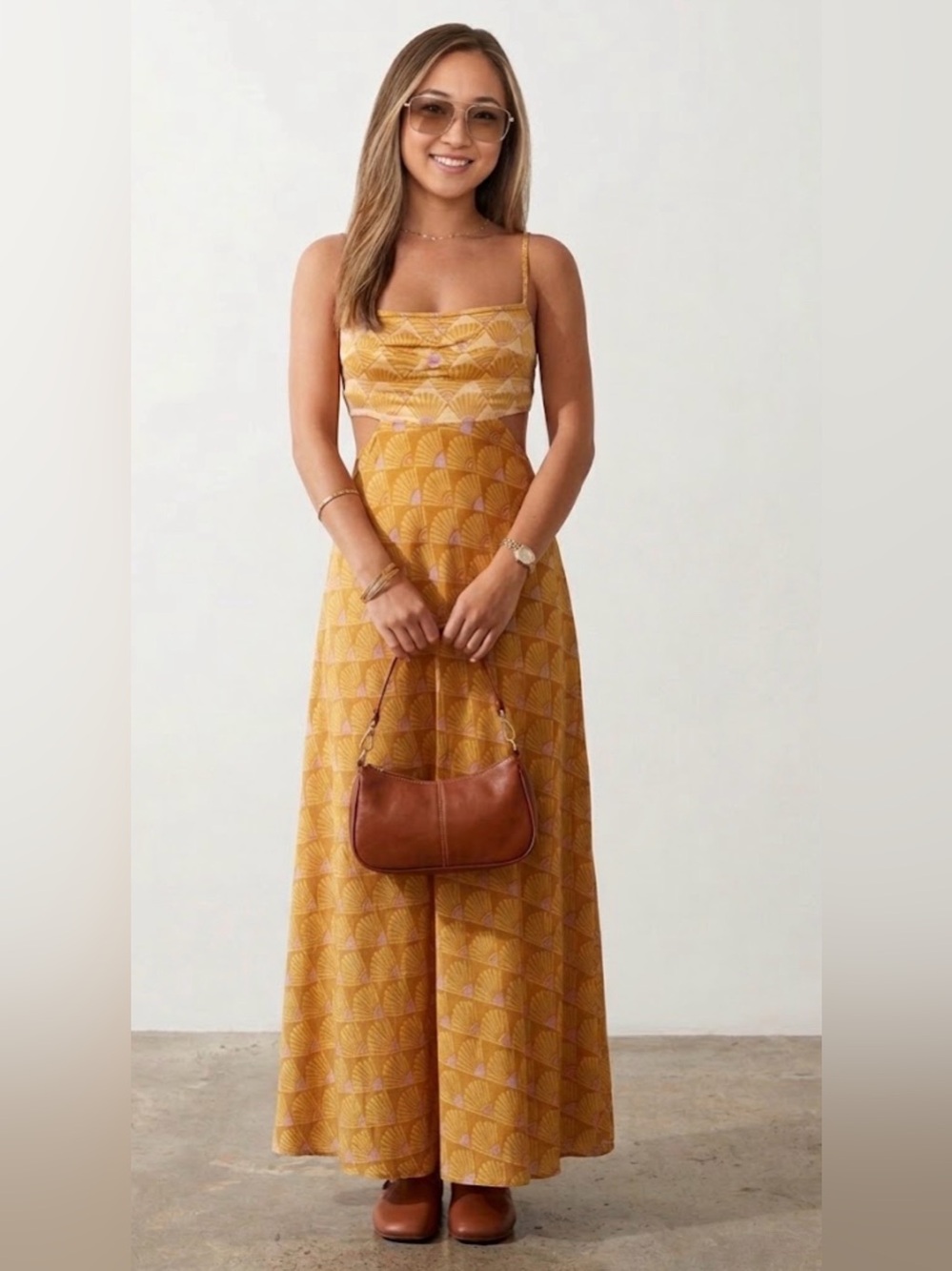 House of Harlow 1960 NWT Geo Fan Print Satin Cutout Back Maxi Dress Small